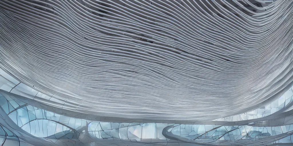 Image similar to extremely detailed awe ornate stunning beautiful futuristic smooth curvilinear elegant museum symmetrical interior by zaha hadid, translucent gills, stunning volumetric light, stainless steel, concrete, translucent material, beautiful sunset, hyper real, 8 k, colorful, stunning light coming through, 3 d cinematic volumetric light, atmospheric light