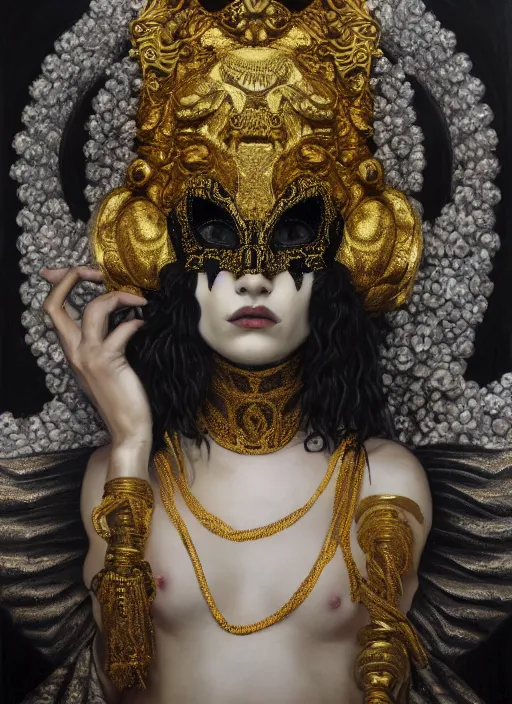 Image similar to highly detailed oil painting | very intricate | cinematic lighting | black, white and gold color scheme, dark background | the yoruba mask by alexander mcqueen | by roberto ferri, by gustav moreau, by singer sargent and klimt, american romanticism, by austin osman spare, artstation, cgsociety, official art, octane