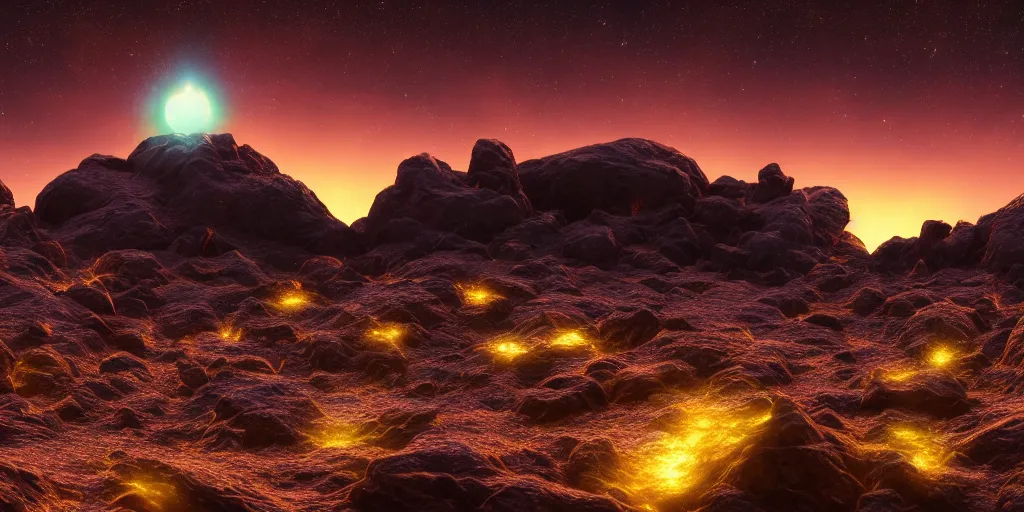 Image similar to strange rocky alien planet at dusk, glowing fireflies, nacreous clouds, nebula, ray tracing, refractive, hdr, award winning, trending on artstation, digital art. highly detailed 8 k. intricate. lifelike. soft light. nikon d 8 5 0.