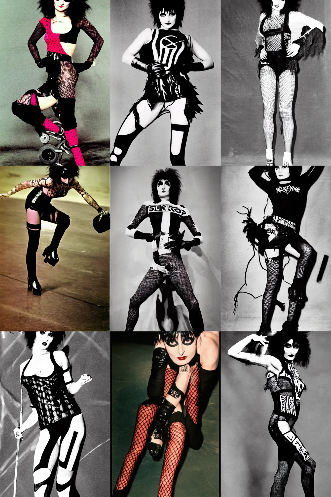 Prompt: siouxsie sioux roller derby girl sprinting Cross-Over, full length portait, fishnet tights, torn, ripped, logo design, Kris Kool, 1970s