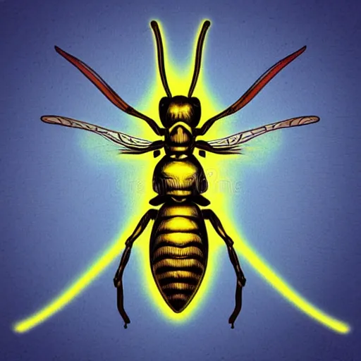 Image similar to human man that resembles a wasp morh in surreal sketch style, blue and yellow gradient, noise, ultrafine detail, hd 8k, logo illustration