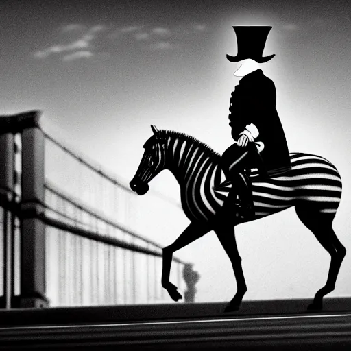 a striped horse without a rider wearing a top hat Stable Diffusion