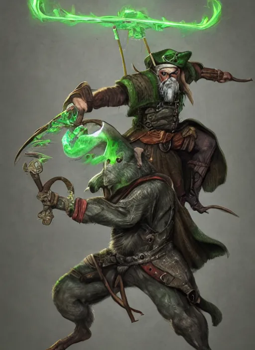 Image similar to rat on two legs with a gray beard, human eyes, pirate hat, green cape, digital art, fantasy, d & d, warhammer, realistic, detailed, dynamic, trending on artstation