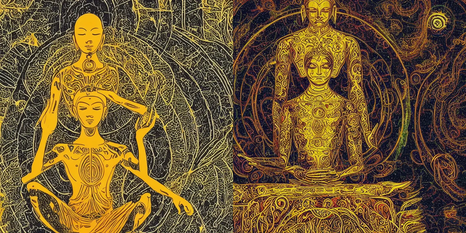 Prompt: human meditating supreme peace immense knowledge infinite color dmt art beige black gold love