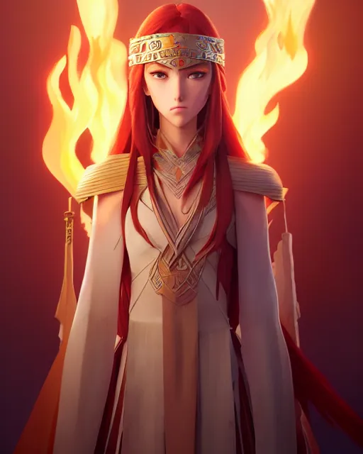 Image similar to azctec warrior, katherine mcnamara, detailed perfect face, exquisite details, fire magic, mid view, design on a white background, by studio muti, greg rutkowski makoto shinkai takashi takeuchi studio ghibli