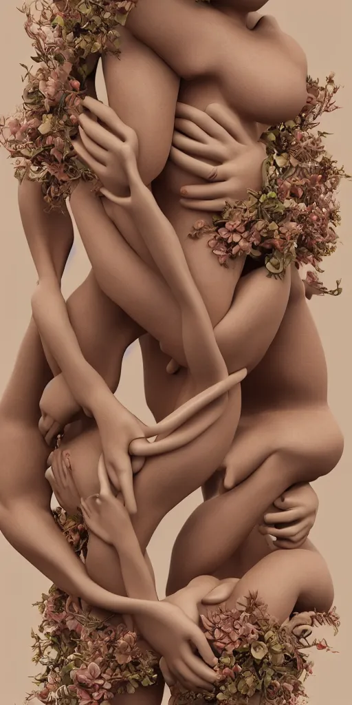 Prompt: closeup photograph of a surrealist sculpture human bodies intertwined, a lovely cornucopia of flowers and human body parts, body parts, muted color palette, skin tones, golden ratio, perfect geometry, highly detailed, octane render, cinematic
