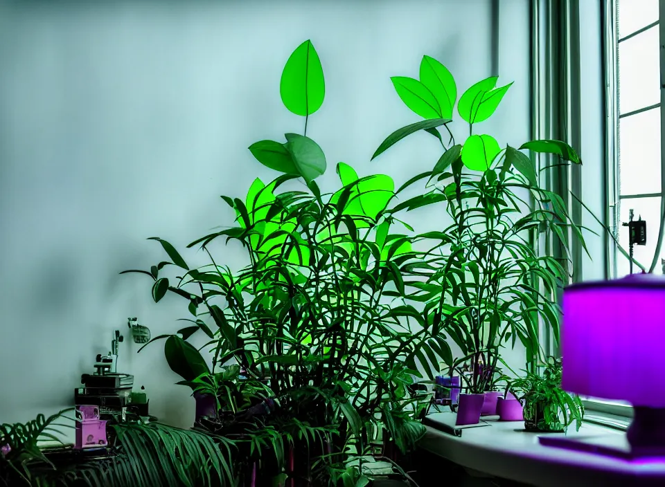 Prompt: telephoto 7 0 mm f / 2. 8 iso 2 0 0 photograph depicting a single purple alien jungle plant in a cosy cluttered french sci - fi ( art nouveau ) cyberpunk apartment in a pastel dreamstate art cinema style. ( computer screens, window ( city ), leds, lamp, ( ( ( aquarium bed ) ) ) ), ambient light.