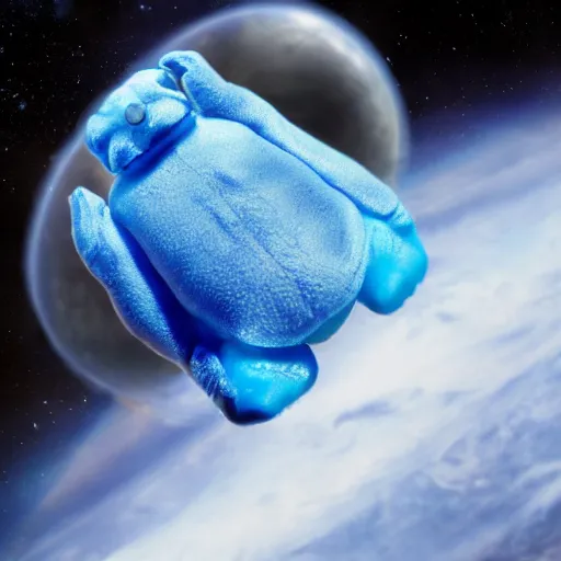 Prompt: a blue tardigrade floating in space