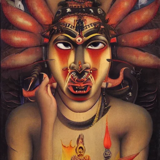 Image similar to close-up face of female Hindu demon goddess| photo collage| by Hannah Hoch and Odd Nerdrum| very detailed and colorful |beautiful eerie surreal psychedelic