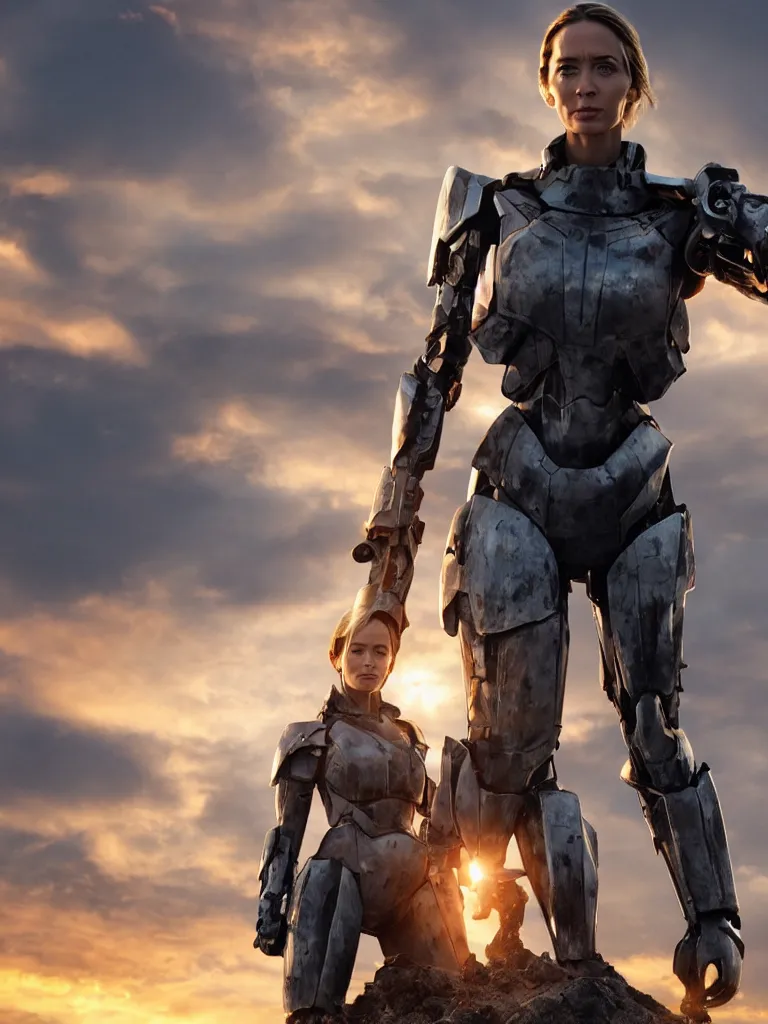 Image similar to emily blunt in futuristic power armor, by herself, holding a sword, standing atop a pile of rubble, sunset and big clouds behind her