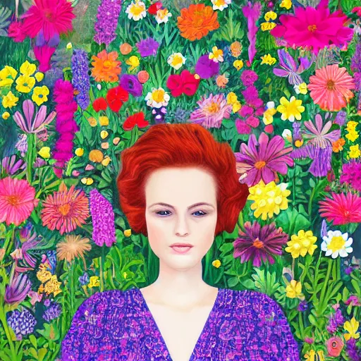 Image similar to a woman standing in a garden of flowers, a jigsaw puzzle by christen dalsgaard, featured on behance, maximalism, rich color palette, maximalist, vivid color