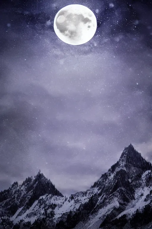 Image similar to digital matte fantasy dreamy mountain scape dark tones snow, crescent moon, wolf, 8 k by alex grey