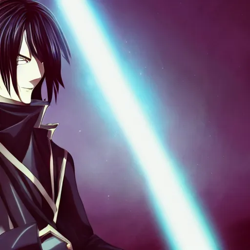 Prompt: eccentric Lelouch Lamperouge holding a lightsaber, mysterious man, octane 8k, beautiful scenery, aesthetic cyberpunk