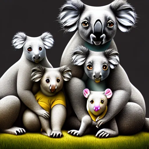 Prompt: A family portrait of unicorns and koalas, hyperdetailed, artstation, cgsociety, 8k