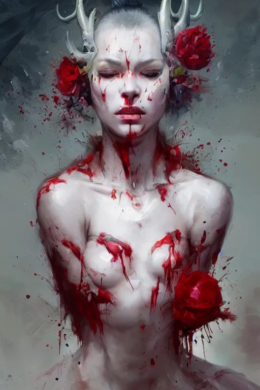 Image similar to abstract face closeup of beautiful girl predator covered with blood, white horns, 3 d render, hyper realistic detailed portrait, holding magic flowers, ruan jia, wlop. scifi, fantasy, hyper detailed, octane render, concept art, by peter mohrbacher, by wlop, by ruan jia