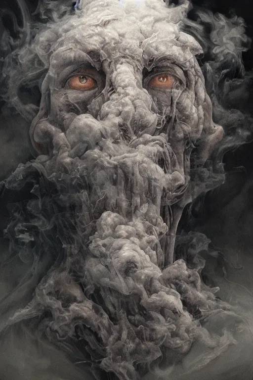 Prompt: Haunting horrifying detailed painting of a man made of cloudy smoke, hyper detailed, trending on Artstation