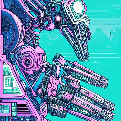 Image similar to beautiful detailed comic illustration, psychedelic fractals and robot mecha dinosaurs, cyberpunk, white, pink, blue, turquoise, orange, pastels