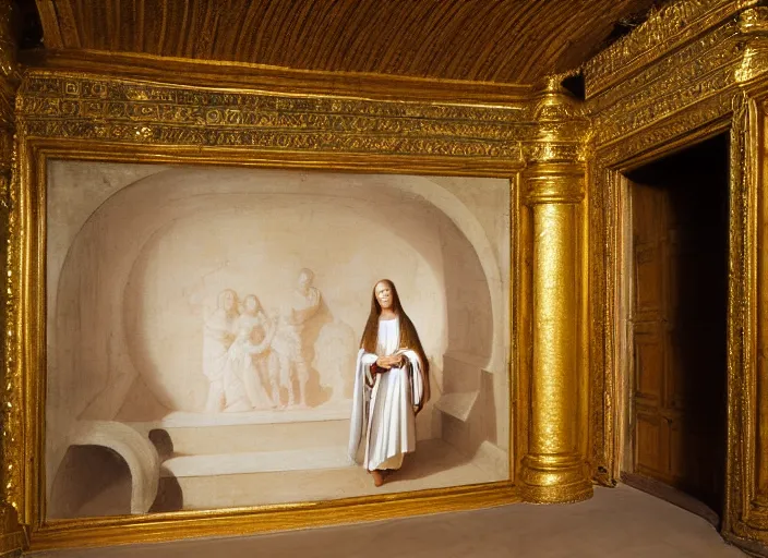 Prompt: realistic museum photography of a painting of girl wearing white robe, covered with brass dots in a wooden medieval temple cave room in style raffaello sanzio, italian renaissance painting, detailed front view