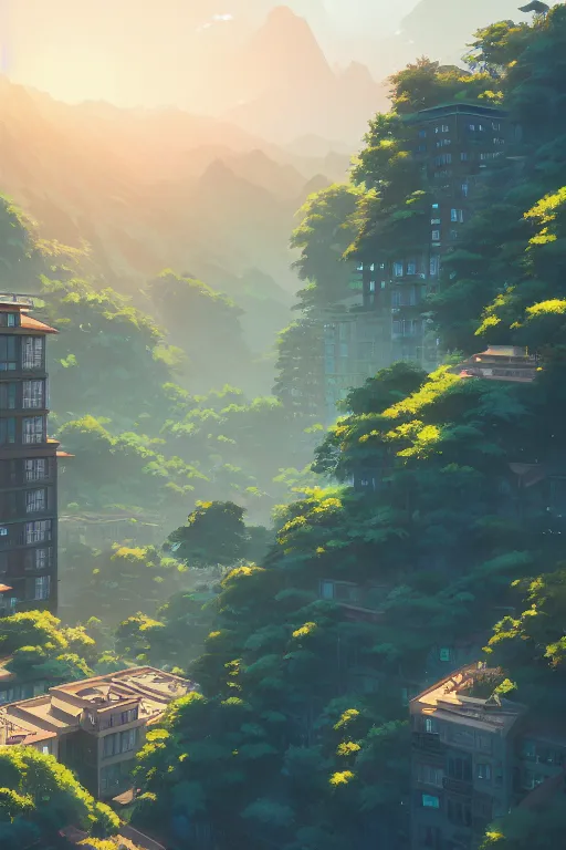 Prompt: evergreen valley, waterfalls, ancient marble city, tall buildings, wide view, landscape, by makoto shinkai and lois van baarle, ilya kuvshinov, rossdraws, tom bagshaw, global illumination, morning light, radiant light