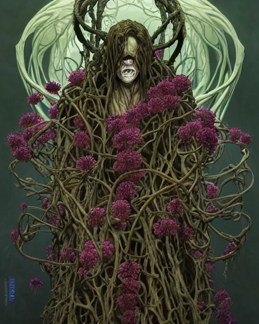Image similar to the platonic ideal of flowers and roots of cletus kasady ultimate carnage dementor doctor doom gorgon chtulu nazgul, charybdis, medusa detailed, intricate, hyperrealism, intense, scary, decay, dmt, art by brock hofer and artgerm, moebius, greg rutkowski, alphonse mucha