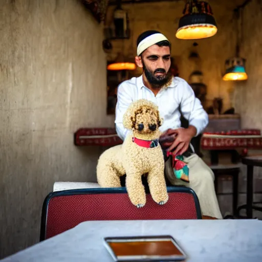 Prompt: a poodle wearing traditional Bedouin garb studying physiology in a cafe in Amman, Jordan