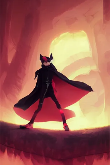 Image similar to little boy with cat ears in an black outfit with red cape. digital artwork made by lois van baarle and kentaro miura and marc simonetti and rhads, sharpness focus, inspired by hirohiko araki, anatomically correct, heroic composition, hero pose, smooth, dark city