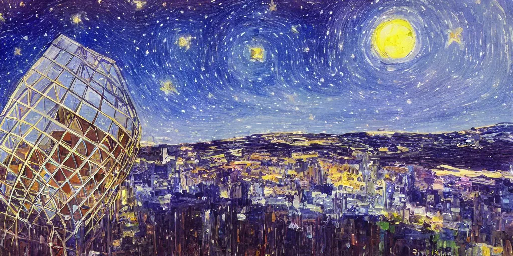 Image similar to stary night painting, norman foster tower, house, city