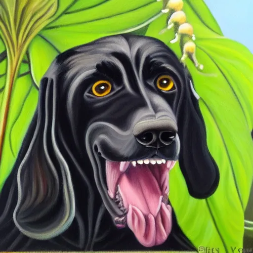 Prompt: oil painting of a black hound bearing its teeth next to brugmansia suaveolens flowers