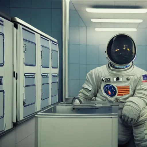 Image similar to a beautiful photo of an astronaut waiting in a laundromat, 1970', soft light, morning light, photorealistic, realistic, octane, 8k, cinematic shot