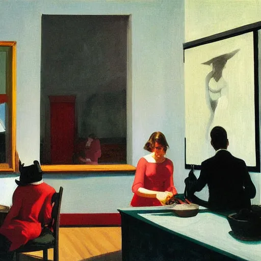 Image similar to painting, view from inside edward hopper's painting nighthawks, of people in art museum looking at the painting, by magrirre, by neo rauch