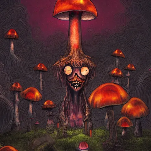 Image similar to a centered chest up portrait of a psychedelic demonic anthropomorphic windigo smoking a hand - rolled cigarette smoking heavily, magic mushroom village in background. award winning. superb resolution. in the art style of junji ito and greg rutkowski. detailed mushroom city in background. hyper realistic anime. perfect art. dalle 2