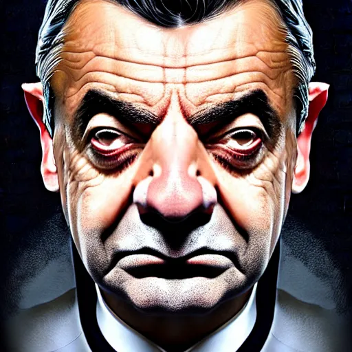 Image similar to hyperrealistic mixed media high resolution painting of (Rowan Atkinson) disguised as !!Batman!!, stunning 3d render inspired art by Jamie Salmon and István Sándorfi and Greg Rutkowski, perfect facial symmetry, dim volumetric lighting, 8k octane beautifully detailed render, full body shot, post-processing, extremely hyper-detailed, intricate, epic composition, highly detailed attributes, highly detailed atmosphere, cinematic lighting, masterpiece, trending on artstation, very very detailed, masterpiece, stunning, flawless completion, lifelike texture, perfection,