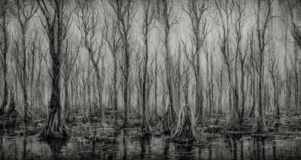 Image similar to A dense and dark enchanted forest with a swamp, by burns jim