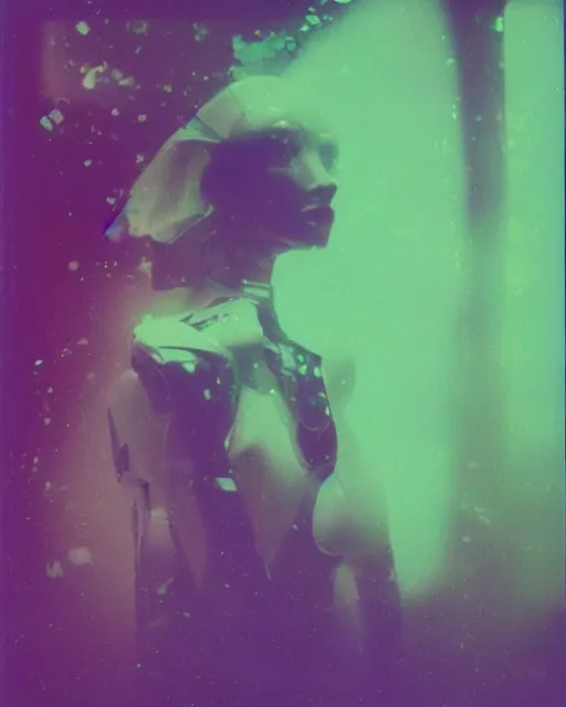 Prompt: cut and paste, serene robotic woman's face, sharp bob hair, dark makeup, violet and yellow and green and blue lighting, polaroid photo, 1 9 8 0 s, atmospheric, whimsical and psychedelic, grainy, expired film, super glitched, corrupted file, ghostly, bioluminescent glow, sci - fi, twisty