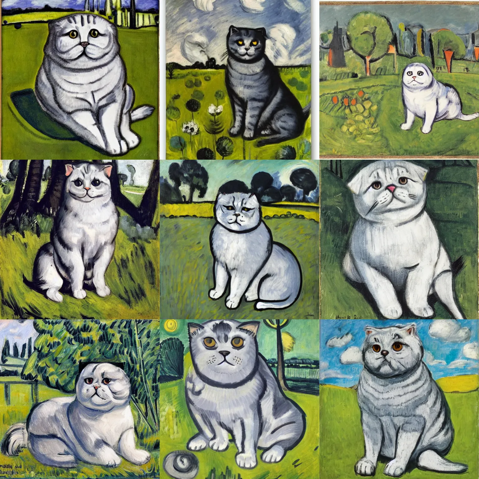 Prompt: fat grey scottish fold sitting in the middle of sunny meadow, by Max Beckmann