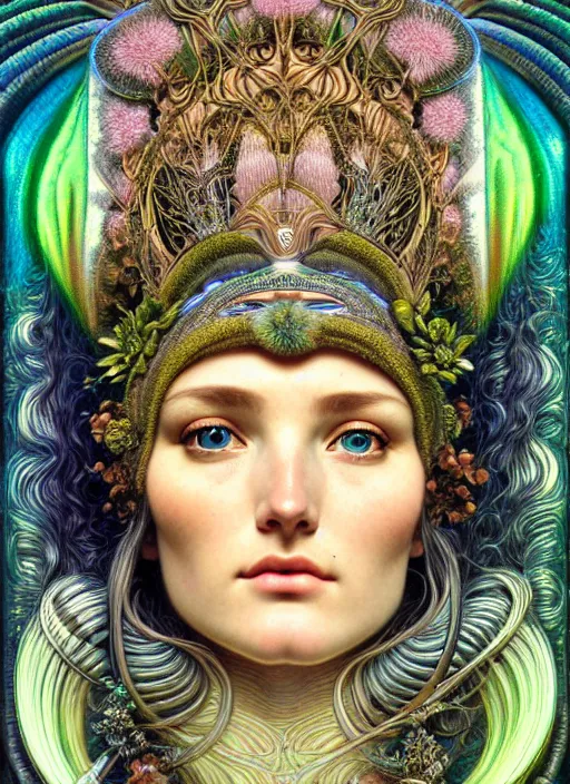 Image similar to hyperrealistic detailed face portrait of the beautiful goddess of the northern lights with an intricate headgear of a beautiful landscape, art by ernst haeckel, john william godward, android jones, alphonso mucha, h. r. giger, gothic - cyberpunk, ornamental, dimmed pastel colours,