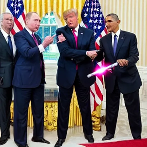 Image similar to photo of putin, trump, obama and bush having a lightsaber battle in the white house roof