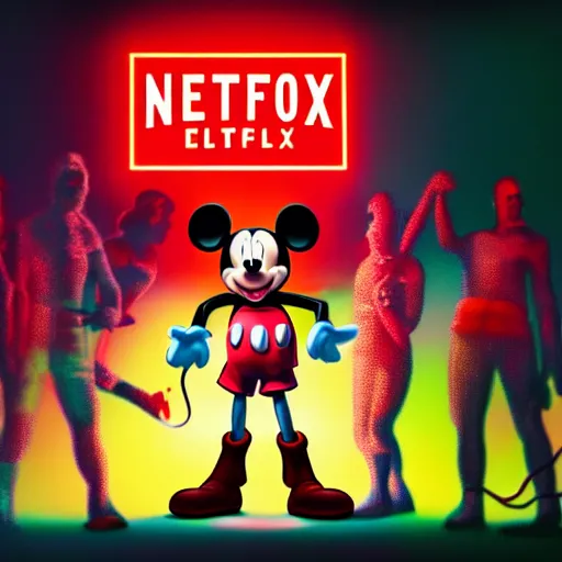 Prompt: a group of people standing around a giant bloody wounded mickey mouse, neon netflix logo, cyberpunk art by david lachapelle, cgsociety, sots art, dystopian art, reimagined by industrial light and magic, dark concept art