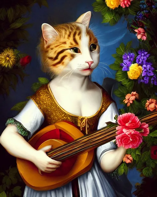 Prompt: baroque portrait of a anthropomorphic cat playing a lute, bright, garden with flowers, digital art, dnd character, award winning