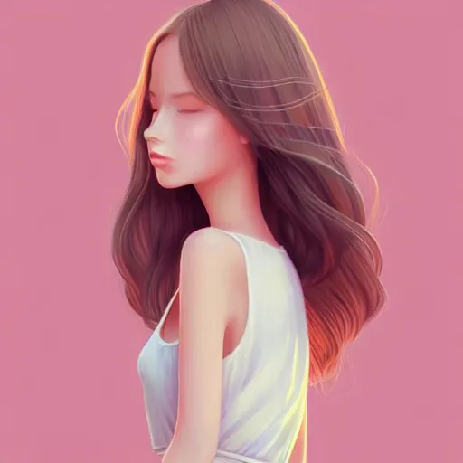 Prompt: happy adult female in sundress, summer dress, pastel light pink very long hair, muted colors, matte print, pastel colors, 2d, ultra highly detailed, digital art, digital painting, fan art, elegant, artstation, head is centered, by Ilya Kuvshinov