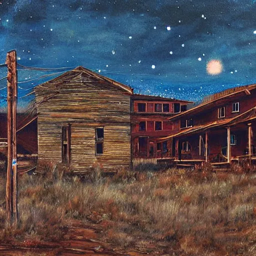 Image similar to western ghost town with creepy ghosts, art by alan bean