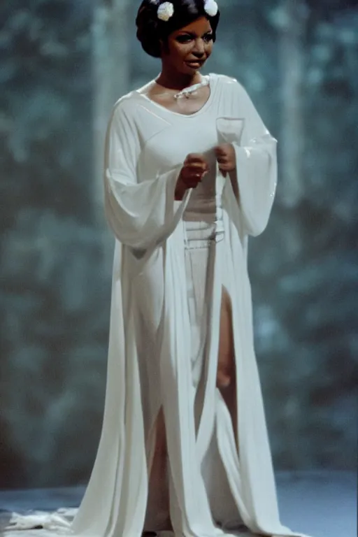 Prompt: ! dream photorealistic!! young adult nichelle nichols as princess leia, white regal gown, film quality