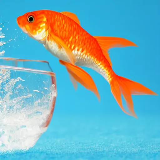 Image similar to stock photo of goldfish jumping out of the water bowl to freedom out blue background