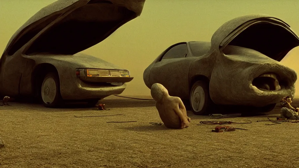 Prompt: the hip creature under the car, film still from the movie directed by denis villeneuve and david cronenberg with art direction by salvador dali and zdzisław beksinski, wide lens