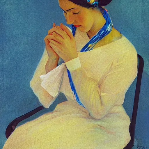 Image similar to A beautiful computer art of a lady with a blue scarf on her head, sitting in a chair with her eyes closed. by Giacomo Balla, by Hans Thoma