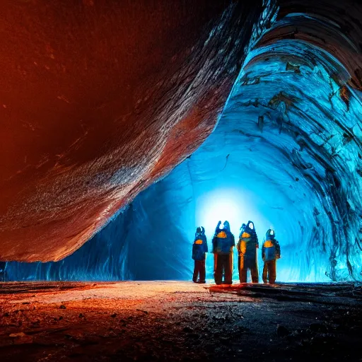 Image similar to People in hazmat suits exploring the deepest parts of a dark pit using flashlights. Gigantic iridescent alien structures can be seen in the distance. Establishing shot, cinematic. 4k ultra hd, film