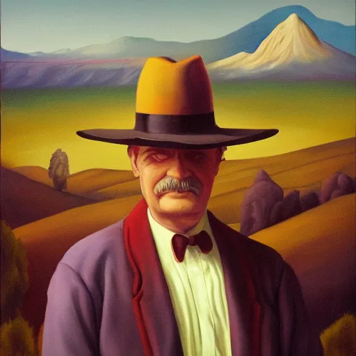 Image similar to surreal painting from a man with a hat in front of mountains