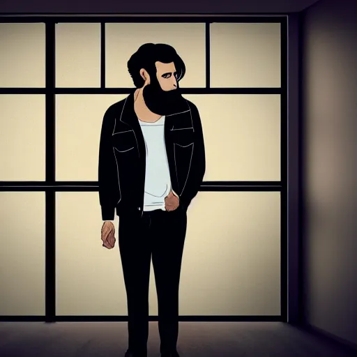 Prompt: a man with black hair and beard, wearing a black jacket, white shirt and jeans, standing in front of a window that shines with red light, illustration, beautiful, vibrant colors