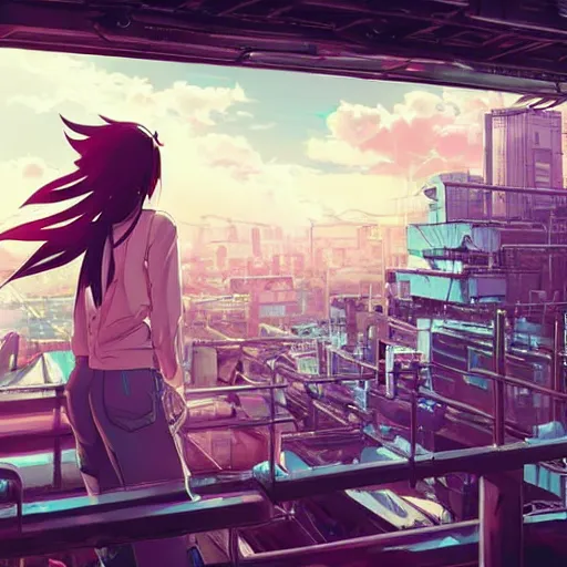 Prompt: android mechanical cyborg anime girl overlooking overcrowded urban dystopia. long flowing soft hair. scaffolding. pastel pink clouds baby blue sky. gigantic future city. raining. makoto shinkai. wide angle. distant shot. Highlights