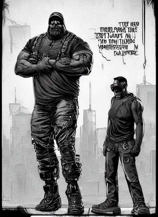 Image similar to Dumb Bubba. Buff cyberpunk meathead trying to intimidate. Large man looms. Realistic Proportions. Concept art by James Gurney and Laurie Greasley. Moody Industrial skyline. ArtstationHQ. Creative character design for cyberpunk 2077.